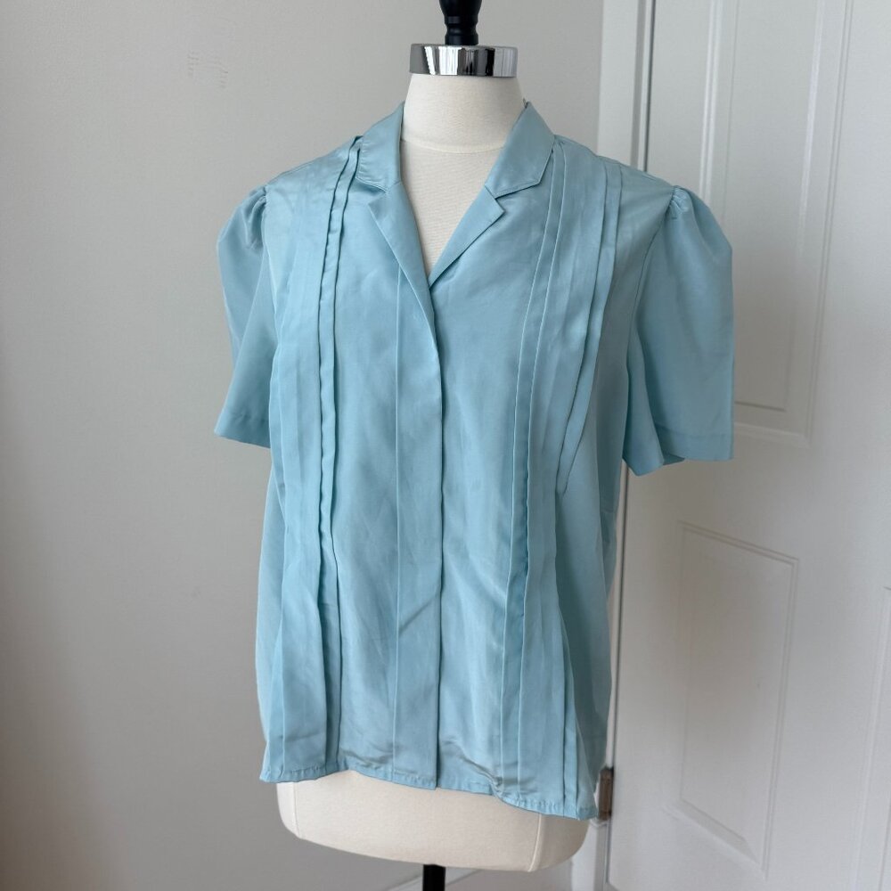 Vintage Laura Scott Aqua Blouse | Size M | Puff Sleeves & Pintuck Detail